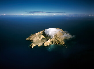 Aerial of White Island active Volcano smoking 