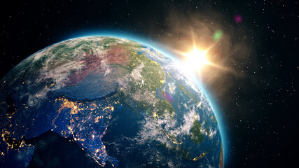 Beautiful Sunrise over the Earth. View from Space Satellite. Cities at Night. 3d illustration