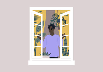 A young male Black character opening the window, morning rituals, daily lifestyle, house plants