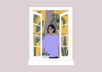 A young female character opening the window, morning rituals, daily lifestyle, house plants