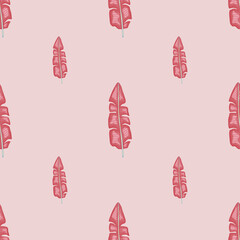 Decorative seamless pattern in minimalistic style with doodle pink palm leaves print. Pastel background.