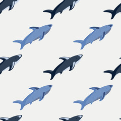 Animal seamless pattern with diagonal blue shark elements. Pastel grey background. Ocean zoo backdrop.
