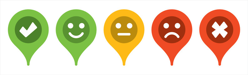 Modern map markers. location pin sign. Vector icon isolated on white background. Map marker Degree satisfaction with feelings emoticon. Modern vector design.	