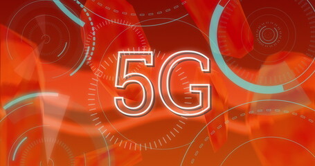 Image of 5g text over spinning circles on red background
