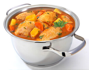 sobrecoxas de frango ensopado na caçarola de inox, com batatas, cenouras em fundo branco para recorte.
