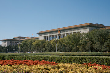 BEIJING, CHINA -Tour guides by Great Hall of the People in Tiananmen Square- Pekin