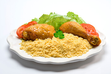 Farofa com frango e salada de tomate com alface, no prato em fundo branco para recorte.

