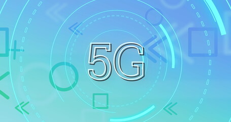 Obraz premium Image of 5g text over spinning circles and shapes floating on blue background