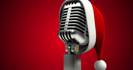Image of christmas winter scenery with santa hat over retro microphone