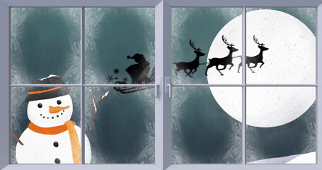 Image of snowman, silhouette of santa claus in sleigh being pulled by reindeer and winter christ