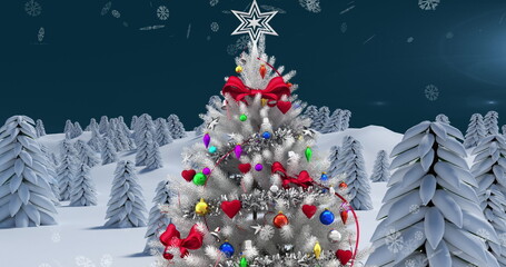 Image of christmas tree and winter scenery with snow falling seen through window