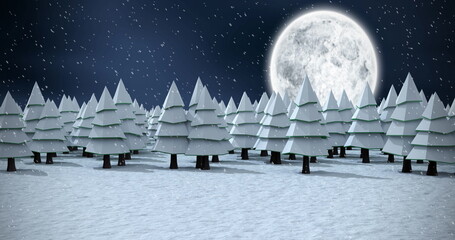 Image of fir trees, full moon and snow falling