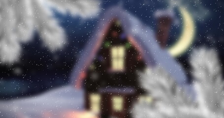 Image of christmas winter scenery with house and snow falling