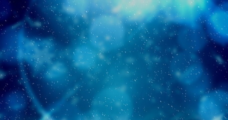 Image of winter scenery with snow falling against blue background