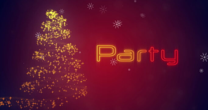 Image of glowing christmas tree and party text over red background