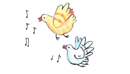 An illustration of funny yellow and blue birds singing a song in flight with notes isolated on a white background. Colored pencils and pastels. Print, postcard, calendar, decoupage.