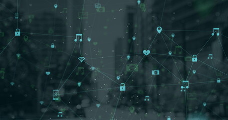 Network of connection icons against cityscape