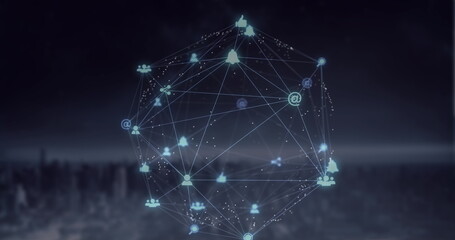 Globe of digital icons against cityscape