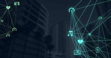 Globe of digital icons against tall buildings