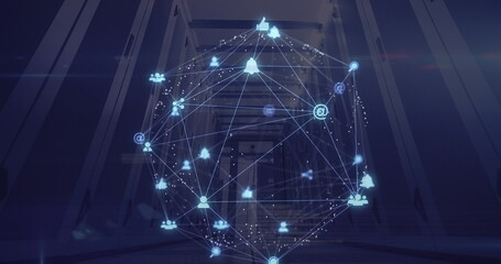 Globe of digital icons against server room
