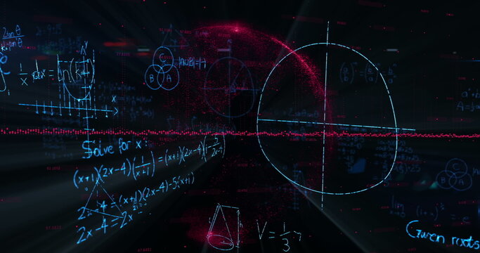 Mathematical equations against spinning globe - Powered by Adobe