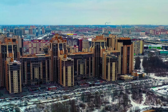 High-rise residential buildings. Yellow orange houses