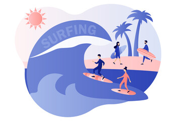 Obraz na płótnie Canvas Surfing concept. Surf Club or Shop. Tiny people surfers in beachwear with surfboards in sea or ocean catch the wave. Modern flat cartoon style. Vector illustration on white background