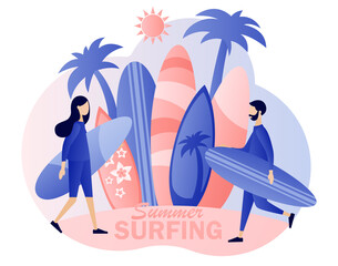 Surfing concept. Surf Club or Shop. Tiny people surfer with surfboards go the beach, sea or ocean. Modern flat cartoon style. Vector illustration on white background