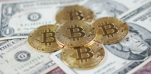 Concepto de monedas de Bitcoin sobre manto de dólares americanos y apariencia de oro