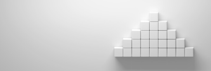 Wide web banner with pyramid arranged from white cubes on white background.
