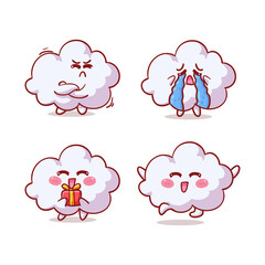 Cute and Kawaii Cloud Sticker Illustration Set With Various Activity and Expression (upset, cry, give present, happy, hooray) for mascot