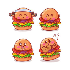 Cute and Kawaii Burger Sticker Illustration Set With Various Activity and Expression (workout, shy, happy, apologize, play guitar) for mascot