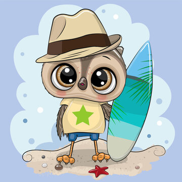 Cartoon Owl boy with a surfboard on the beach