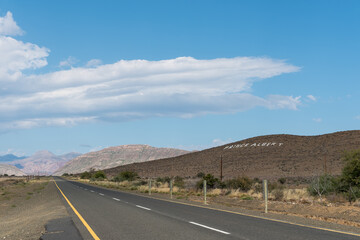Landscape with town name on mountain near Prince Albert
