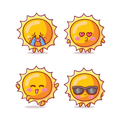 Cute and Kawaii Sun Sticker Illustration Set With Various Activity and Expression (cry, kiss, happy, hooray, sunglasses) for mascot
