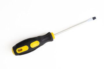 A screwdriver isolated on a white background. Flat surface, top view. Free space for text