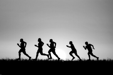 Naklejka na ściany i meble Silhouette of runners training in the mountains with beautiful views in the evening.A group of runners practicing outdoor running in the evening. sports training concept