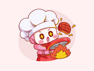 Cute and kawaii muslim female chef wearing Hijab cook meat Manga Chibi Illustration