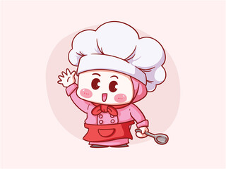 Naklejka premium Cute and kawaii muslim female chef wearing Hijab holding spoon Manga Chibi Illustration
