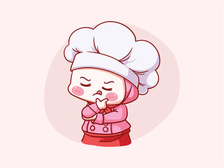 Cute and kawaii muslim female chef wearing Hijab Thinking Pose Manga Chibi Illustration