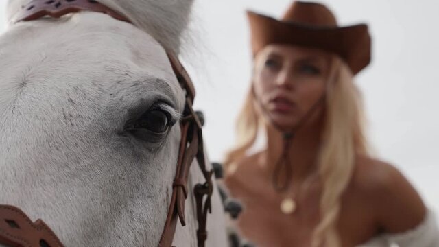 close-up of a horse's face and eyes. in the background, a blonde in a cowboy hat is seen out of focus