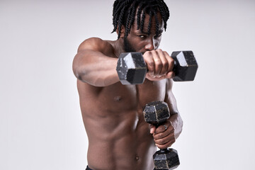 Fototapeta na wymiar technique of doing an exercise with dumbbell of muscular strong african american sportsman isolated on white studio background, portrait. sport and motivation concept. bodybuilding, fitness