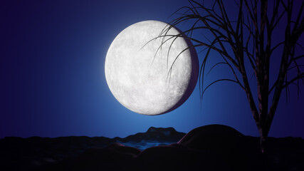 Fototapeta premium Halloween graphic background. Big full moon on blue sky with mountain and tree. 3D illustration rendering