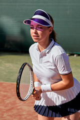 Pretty, young woman in sexy sportwear playing tennis in city park at hot summer day. Focused female tennis player with racket, enjoying game, looking at side. Sport, healthy lifestyle concept