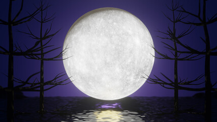 Halloween graphic background. Big full moon on purple pink sky with reflection sea and tree. 3D illustration rendering