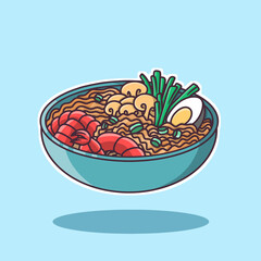 Ramen with shrimp. Colorful takeaway food sold on the street in different countries. Vector illustration, sticker, cartoon style.