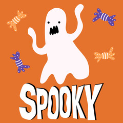 cute cartoon character flying ghost with hand drawn halloween candies and spooky lettering text vector card illustration
