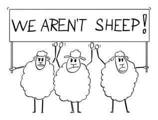 Crowd of Sheep Holding We Aren't Sheep Sign, Vector Cartoon Illustration