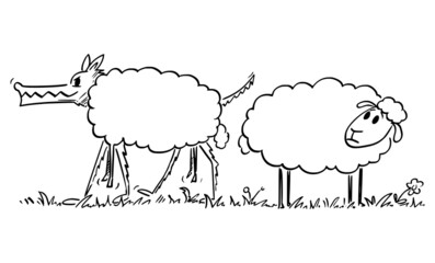 Sheep Looking at Wolf in Sheep's Clothing, Vector Cartoon Illustration