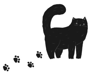 black halloween standing cute cat. fluffy fat black and white hand drawn kitten. kawaii furry pussy. stock vector illustration isolated on white background.